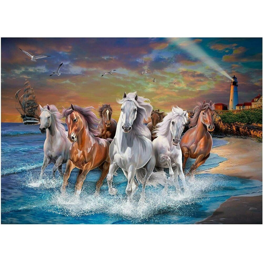 Horses on Seashore and Lighthouse Jigsaw Puzzle with Tin 1,000pc 28 x 20-in Gift